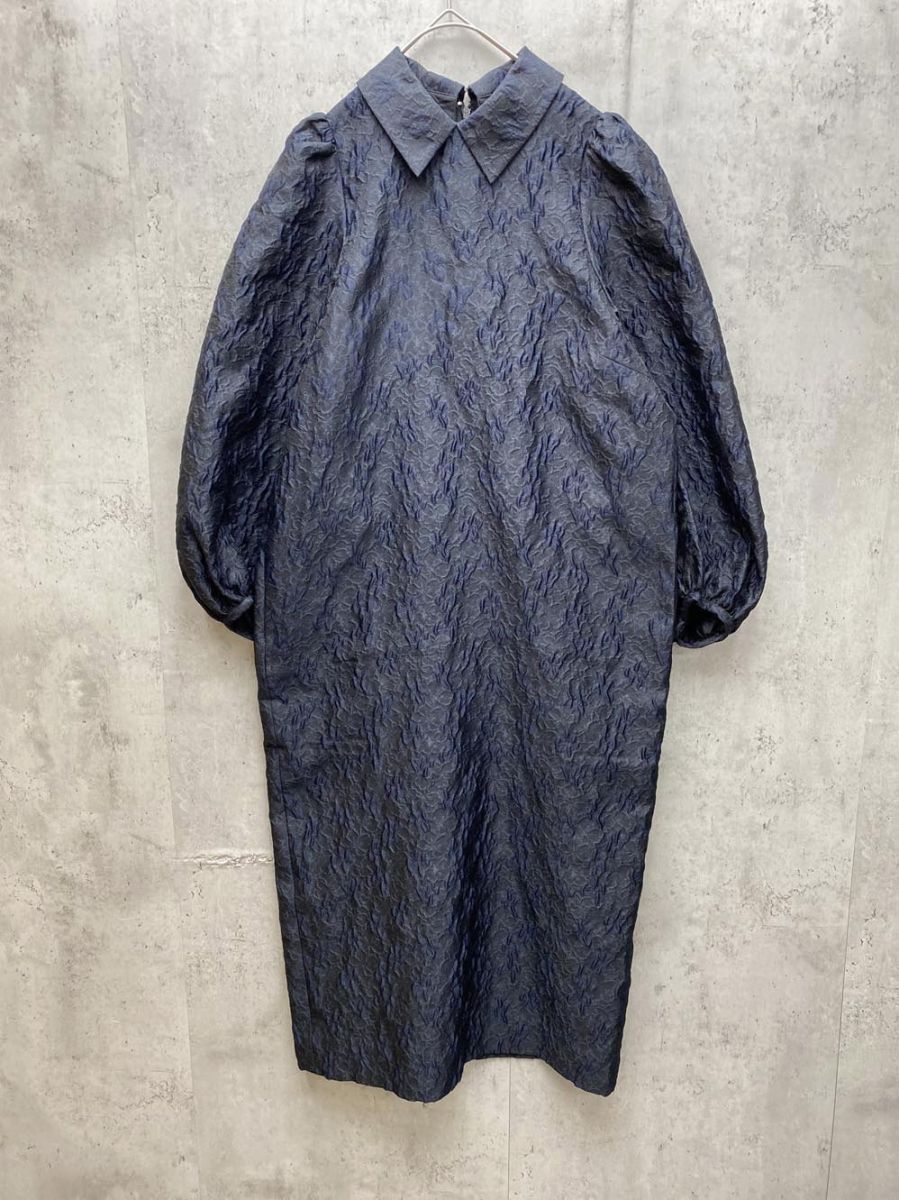 UNITED ARROWS ユナイテッドアローズ ツートーン ジャカード ワンピース マキシ丈 ボリューム袖 size36/濃紺 ■◆◎レディース