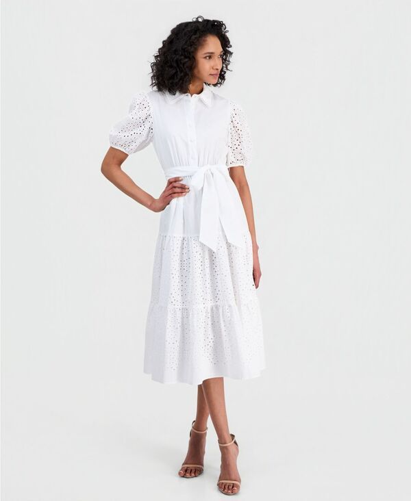 アンクライン レディース トップス シャツ パフスリーブ ミディ Anne Klein Womens PuffSleeve Midi Eyelet Shirtdress Crisp White ホワイ