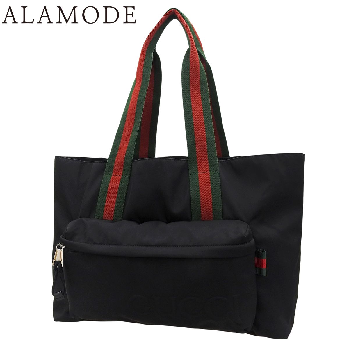 GUCCI(グッチ) ロゴ ラージ トートバッグ トートバッグ ハンドバック 肩掛け シェリーライン ナイロン GGナイロン ブラック黒 グリーン緑 レッド赤 シルバー金具 802172 レディース 40802192739【中古】【アラモード】