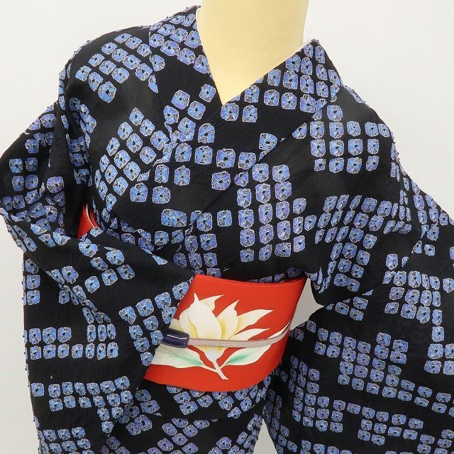 Raychel mama 新品 有松鳴海絞り 夏着物 高級浴衣 6056 六花-RIKKA- 美品 綿 洗える夏着物 有松鳴海絞り❀漆黒に、粋が躍る