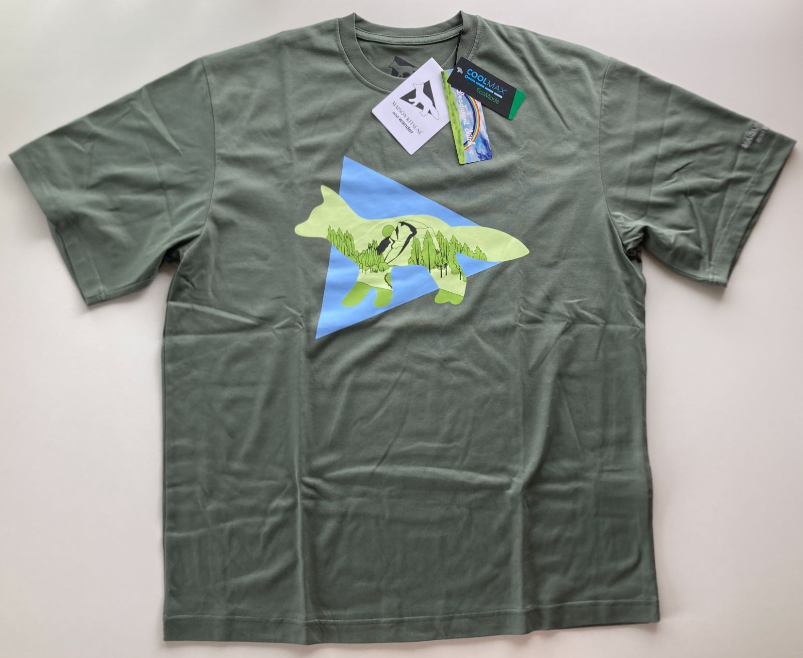 and Wander x Maison Kitsune DRY COTTON T TRIANGLE Tシャツ khaki size4