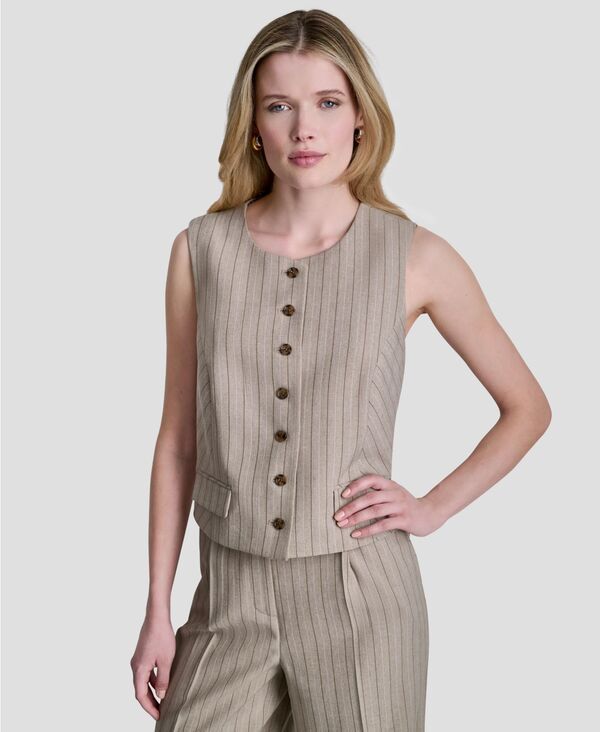 ダナ キャラン ニューヨーク レディース トップス ベスト プチ DKNY Womens Pinstripe ButtonFront Vest Regular Petite Dune Stripe ス