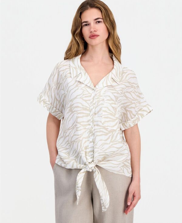 チャータークラブ レディース トップス シャツ リネン Charter Club Womens 100 Linen TieFront Shirt Zebra Print アニマル