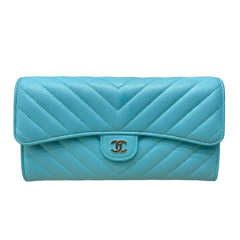 シャネル CHANEL マトラッセクラシックロングフラップウォレット AP0241 27番台 エメラルドグリーン ゴールド金具 キャビアスキン レディース 長財布