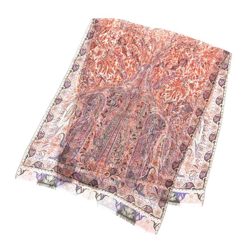 ETRO エトロ ペイズリー ストール ロングスカーフ シルクシフォン グレージュ×ピンク aq13063