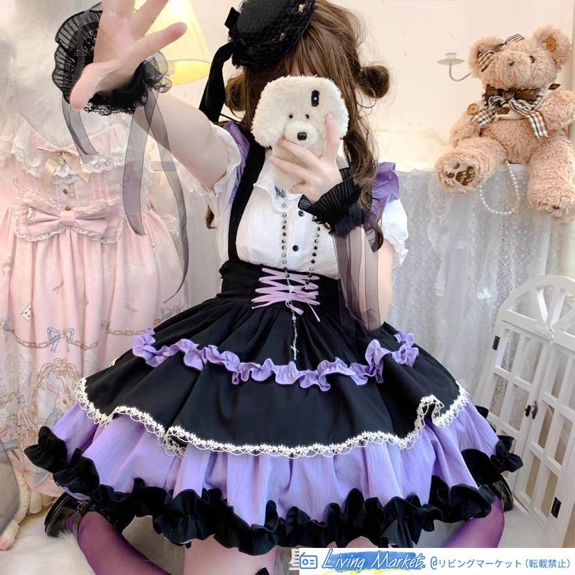 ブラック×パープル Lolitaスカート サスペンダー付き 人形襟付きシャツ ドール風 甘ロリデザイン 春夏秋冬 人気 可愛い 高品質 プレゼントにもおすすめ CS629P103