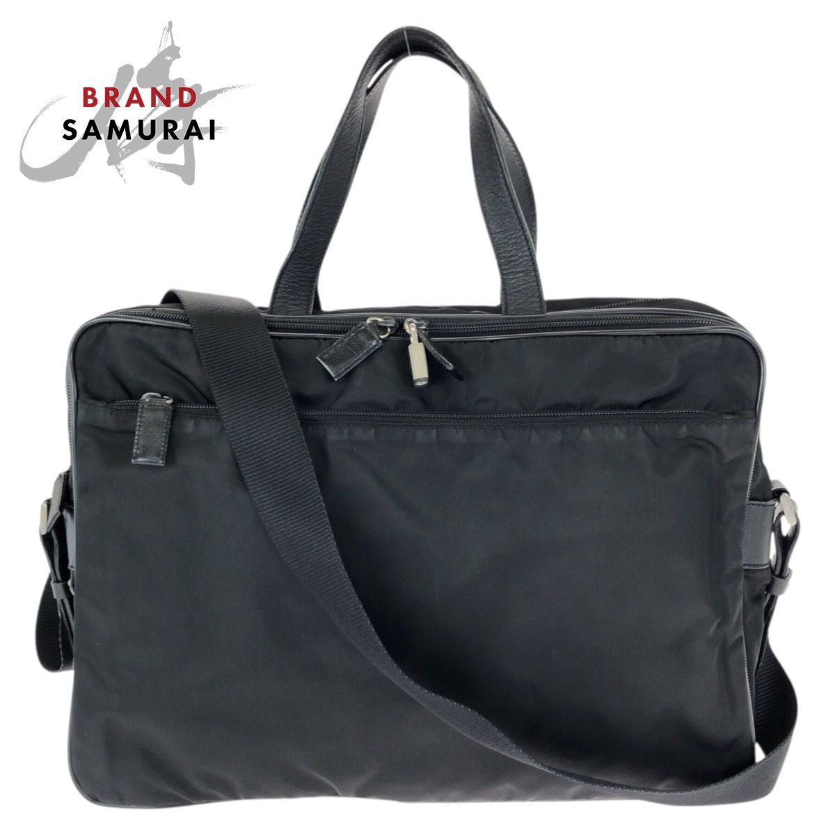 PRADA プラダ テスート サフィアーノ 三角ロゴプレート 2way ブラック 黒 シルバー金具 ナイロン/レザー ビジネスバッグ 602444【中古】