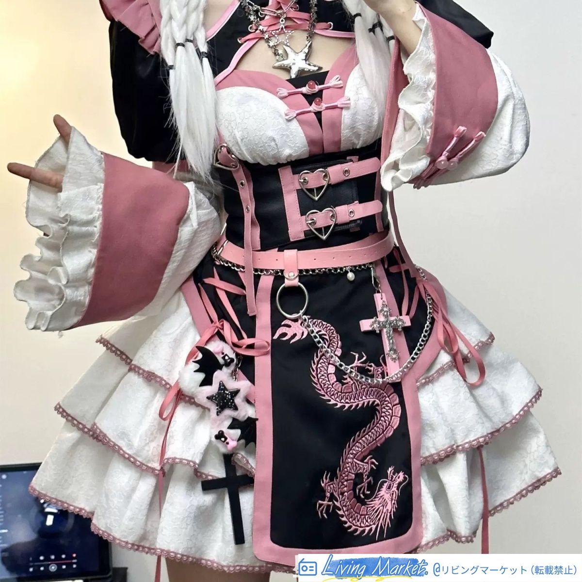 中華風 Lolita連衣裙 旗袍改良 スイート＆スパイシー 中華娘風 豪華刺繍入り ドラゴンモチーフ 甘辛デザイン 長袖ワンピース ピンク×ブラック 可愛い スカート付き コスプレ衣装 特別イベント用 高品質 レディース CS629P101