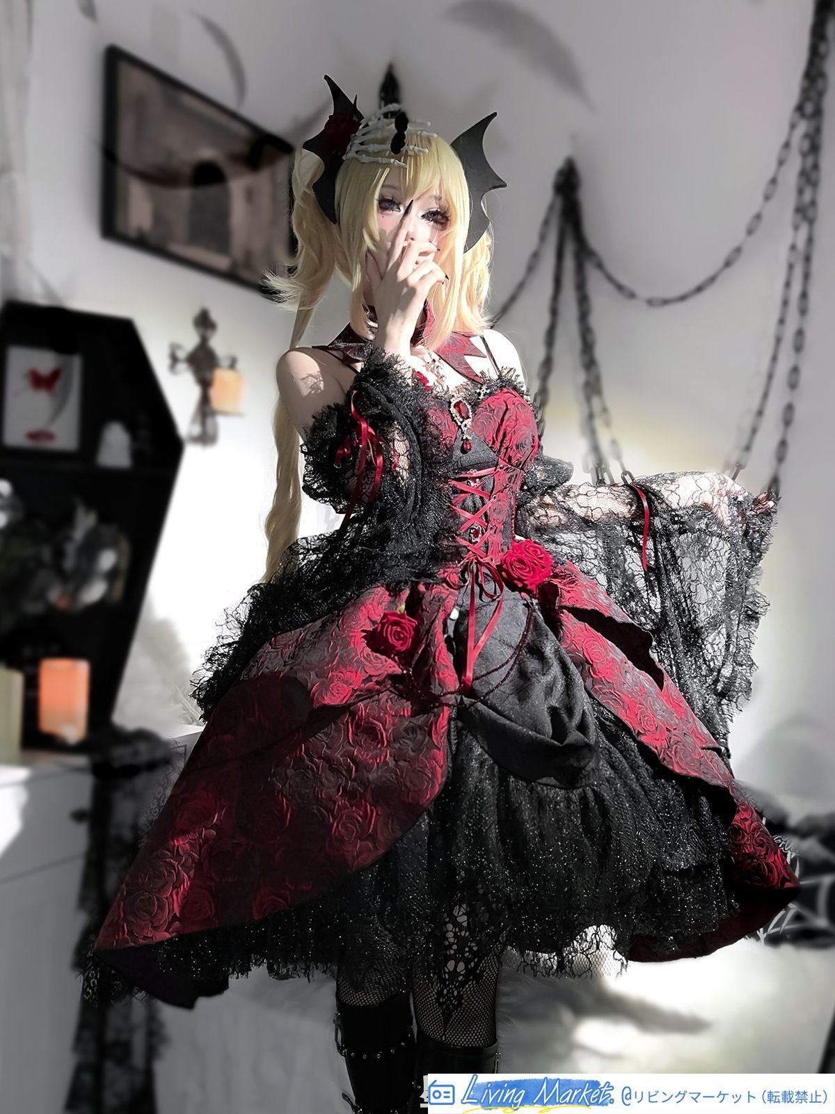 オリジナルデザイン 瑰皿 jsk ロリータドレス 黒赤 ジャカード暗黒ゴシックスタイル 吊りスカート （取り外し可能な袖とネックレス付き） CS629P200