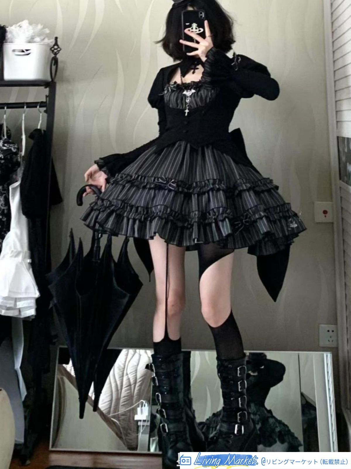 クリスマス＆新年戦服 ゴシック ダーク風 長袖トップス スカート ロリータセット 暗黒系ロリータ ゴシック風 万聖節 コスプレ デザイン感 偽二枚重ね ストライプ パフスリーブ トップス 蓬蓬スカート セットアップ CS629P069 7,588円