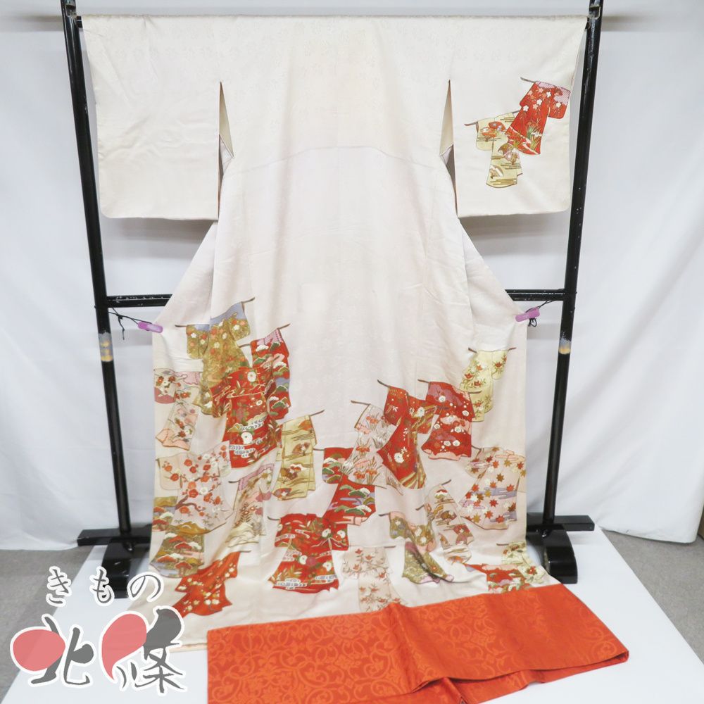 引き摺り 引摺り 引きずり 着物 帯 2点セット中古 金駒刺繍 着物柄 花の図 地模様 舞妓 芸妓 芸者 身丈199cm 裄67cm きもの北條 A100-7