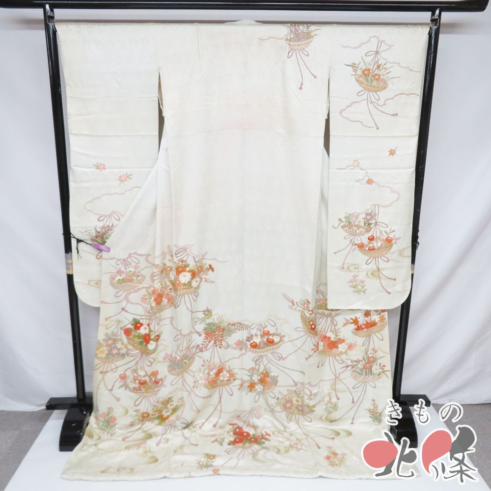 引き摺り 引摺り 引きずり 着物 中古 金駒刺繍 流水に花の図 地模様 舞妓 芸妓 芸者 舞台 衣装 身丈198.5cm 裄66cm きもの北條 A100-2