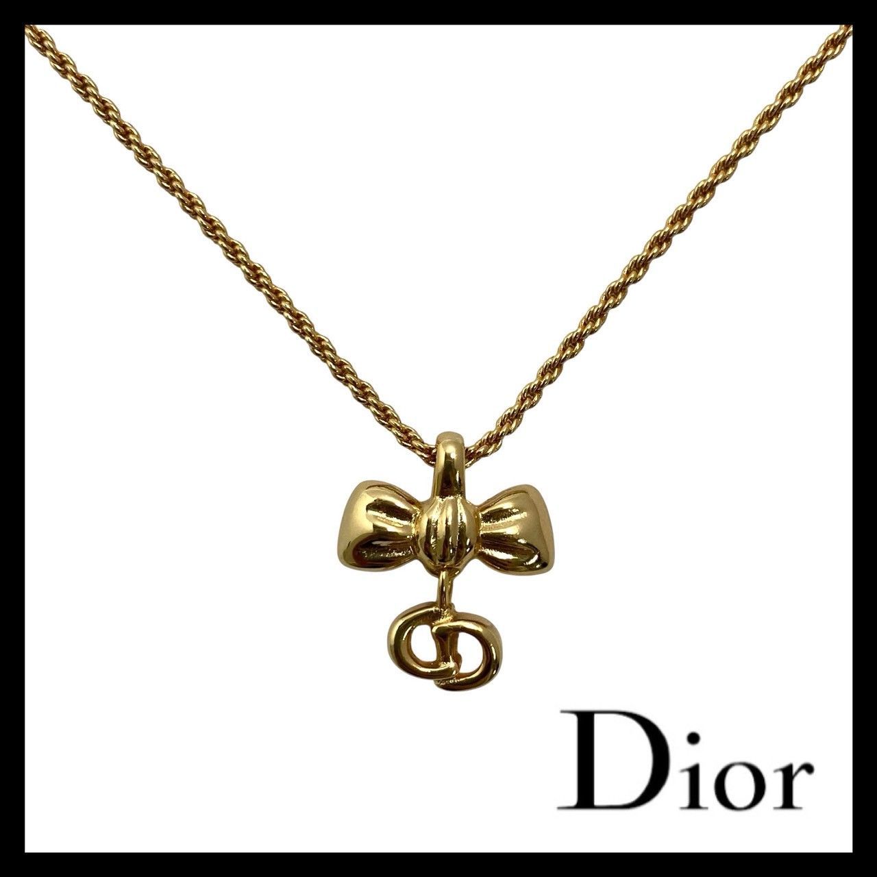 【Dior】リボン CDロゴ ネックレス ゴールド/金 カラー ペンダント ヴィンテージ Christian Dior/クリスチャンディオール (MM-791)
