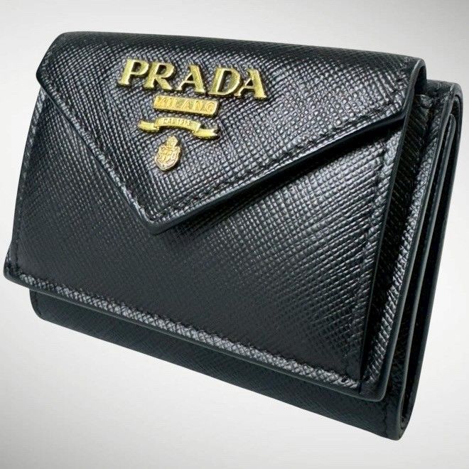 【美品】PRADA プラダ サフィアーノ タイニー コンパクト Wホック 三つ折り 財布 ブラック