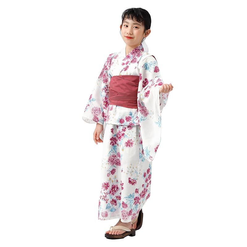 子ども 浴衣 セパレート 女の子 へこ帯 2点セット たゆたふ 簡単 2WAY キャミワンピ ワンピース セパレート浴衣 綿100 兵児帯 S(105cm) 白地あざみ柄レッド