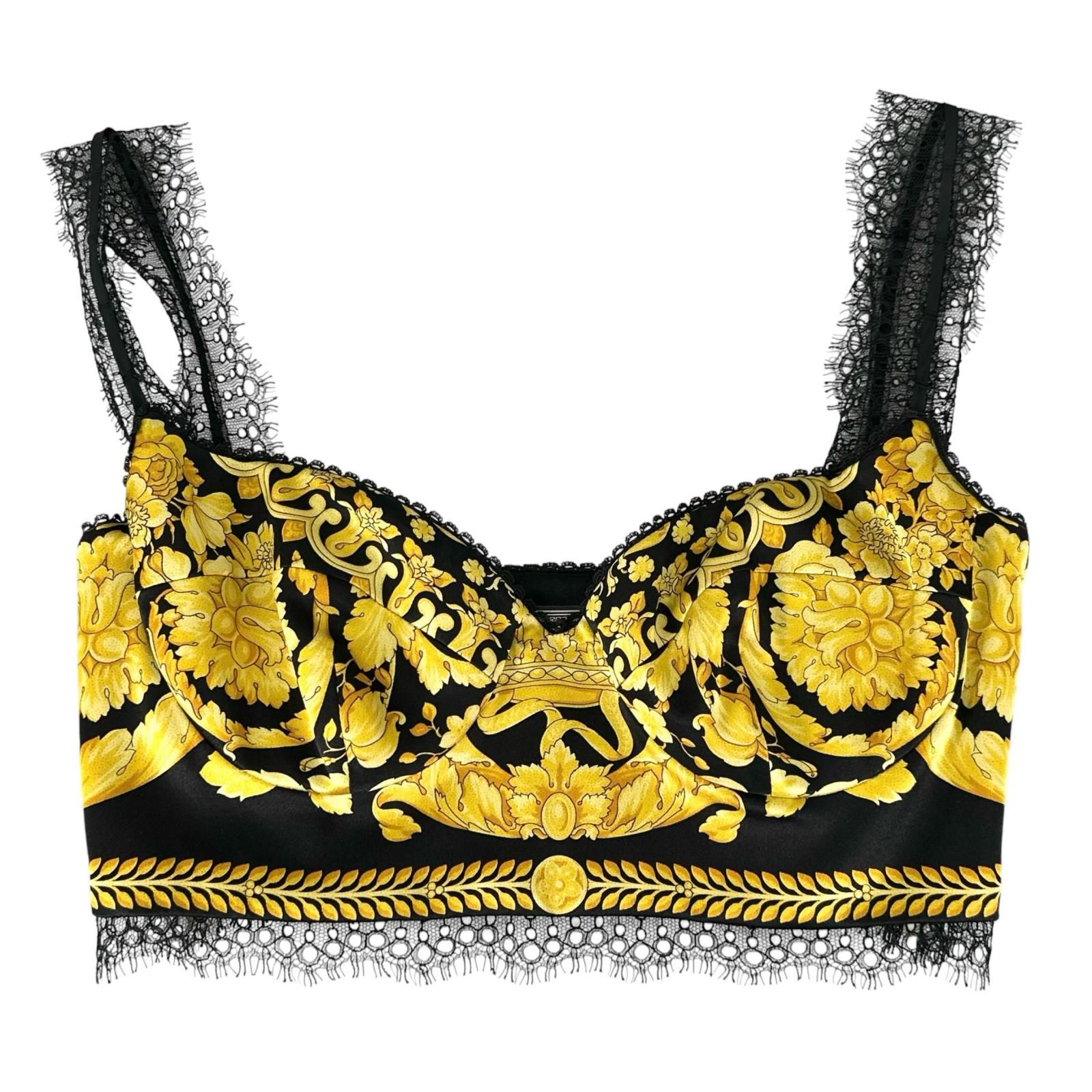 極美品▲VERSACE ヴェルサーチ A78760 シルク100％ バロッコ柄 ビスチェ チューブトップ ブラック イエロー 38 伊製 正規品 レディース
