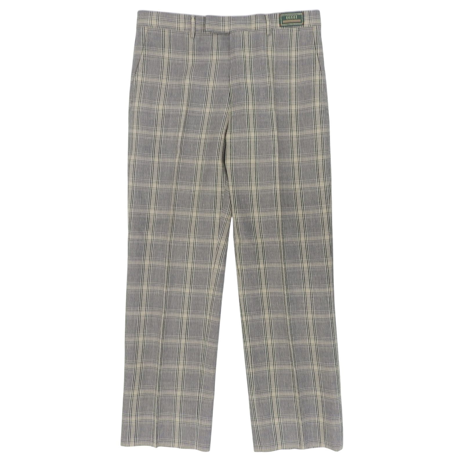 極美品▲GUCCI グッチ 707294 リネン ウール ロゴ チェック柄 パンツ スラックス ネイビー ベージュ 46 イタリア製 正規品 メンズ