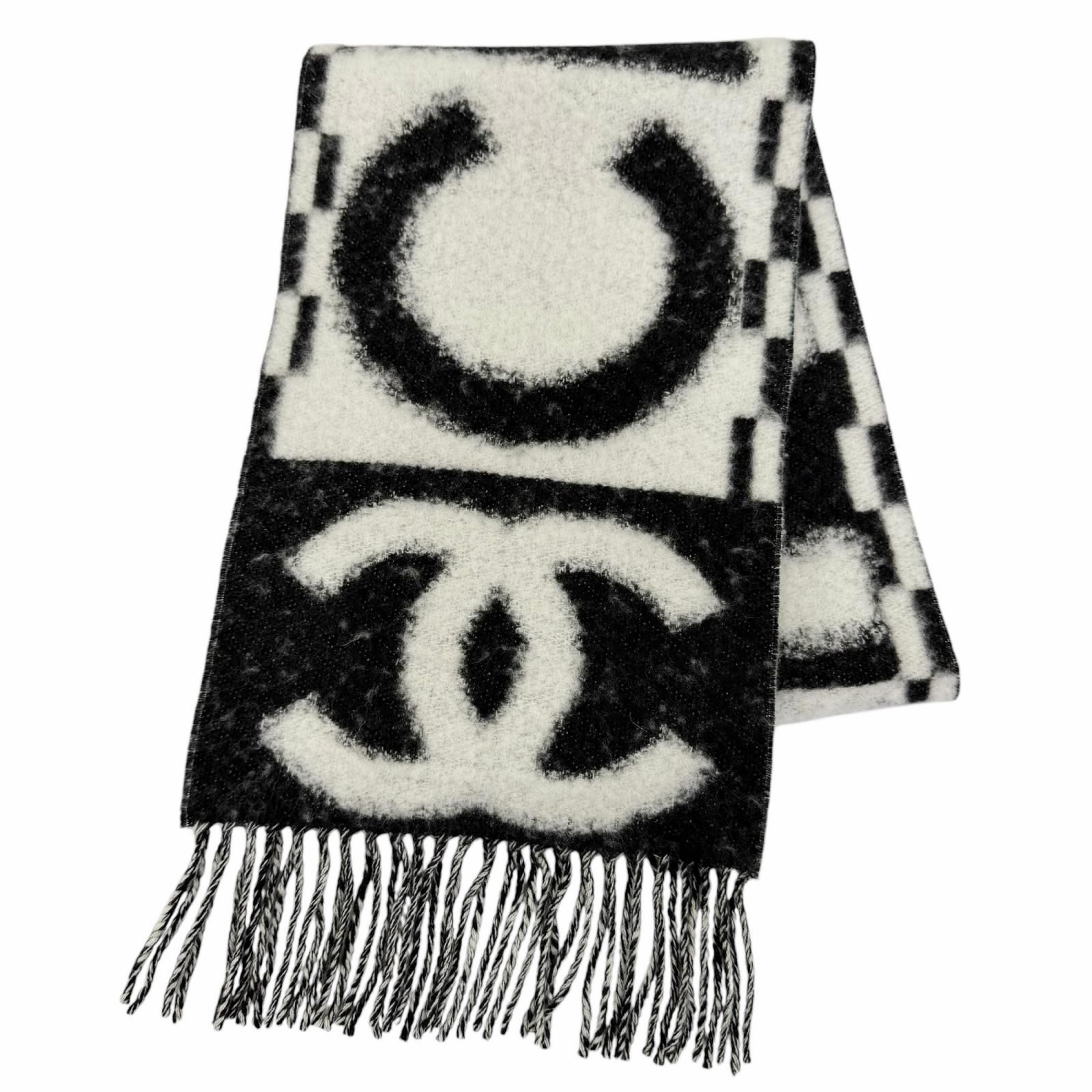 極美品☆CHANEL シャネル AAA478 カシミヤ シルク混 ココマーク・ロゴデザイン フリンジ マフラー ホワイト ブラック イタリア製 箱付き 92,400円