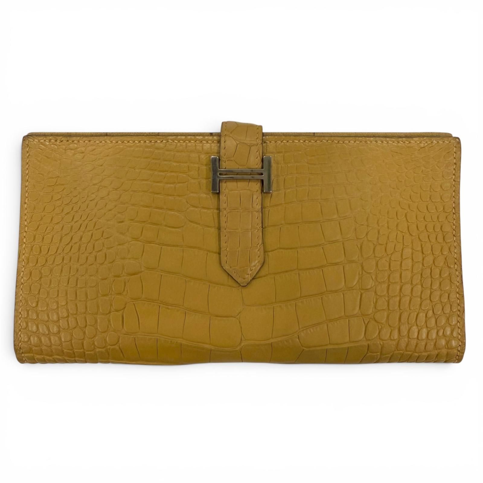 美品☆HERMES エルメス ベアンスフレ アリゲーター クラフト シルバー金具 ロングウォレット 長財布 R刻印 フランス製 レディース 240,000円