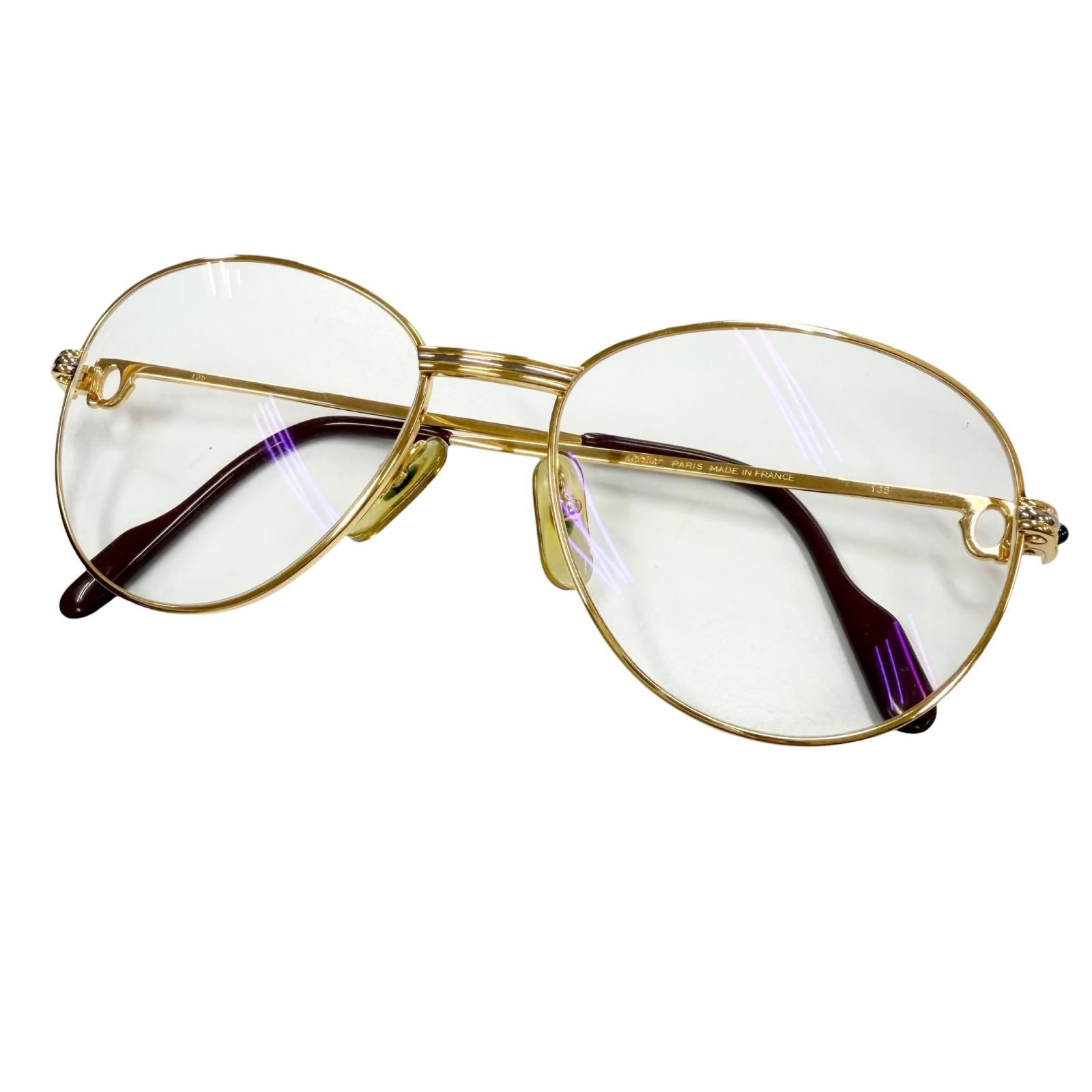 良品▼Cartier カルティエ ヴィンテージ トリニティ 2Pブルージェムストーン メガネ 眼鏡 アイウェア ゴールド ボルドー 55□18 135 度入