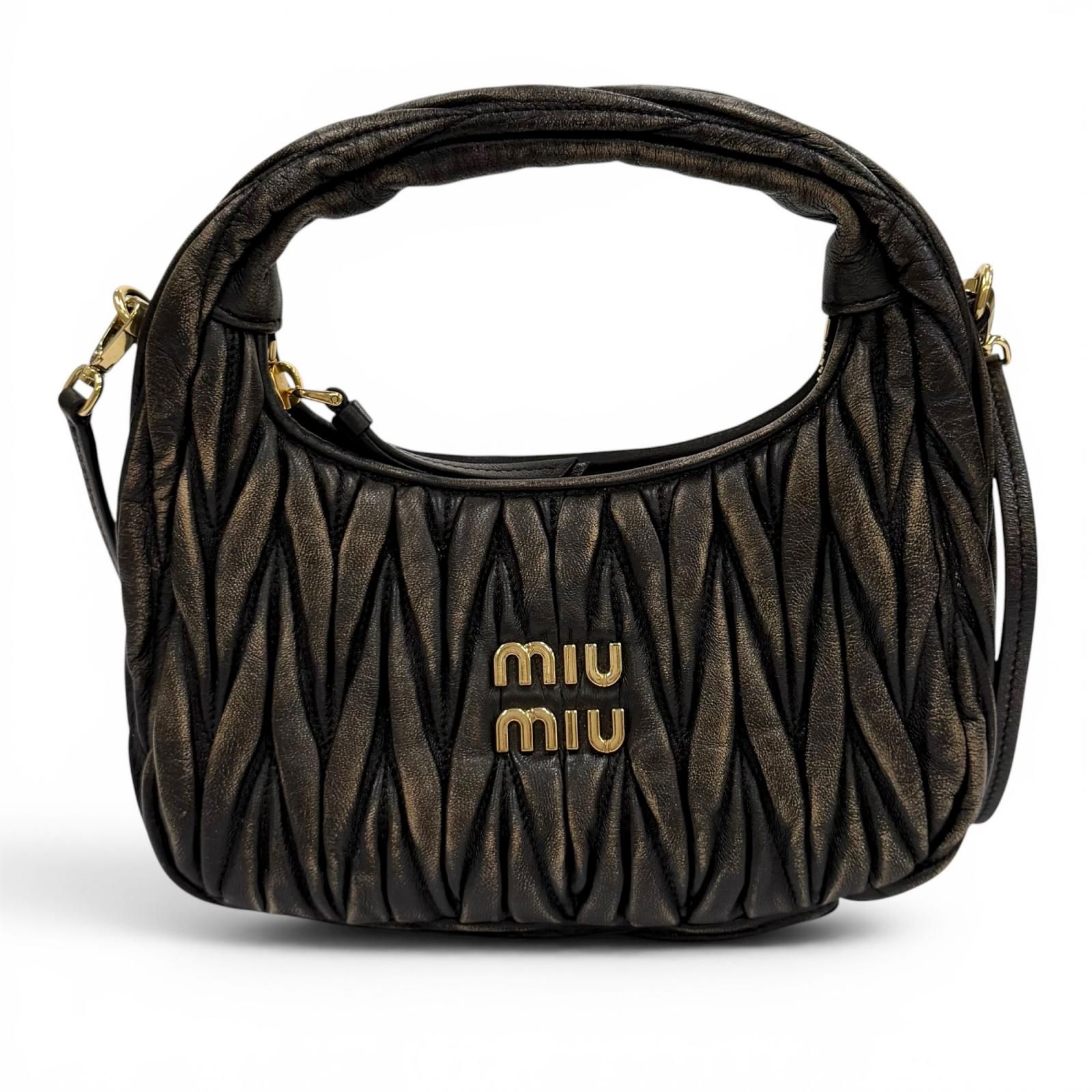 極美品★MIUMIU ミュウミュウ ワンダー マテラッセレザー ホーボーバッグ レザー CAFFE ロゴ金具付 2WAY ショルダーバッグ イタリア製