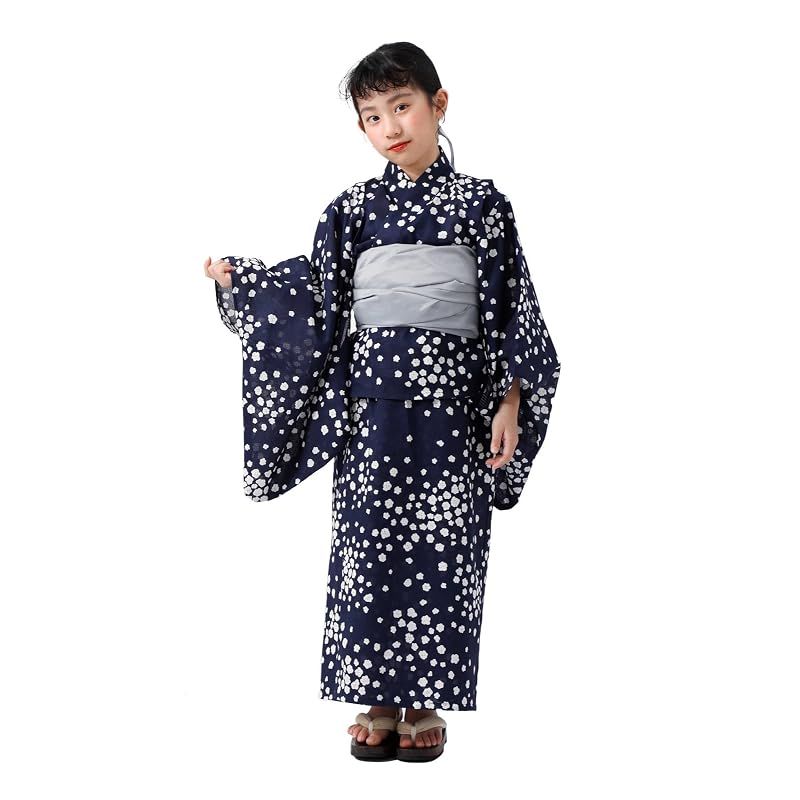 子ども 浴衣 セパレート 女の子 へこ帯 2点セット たゆたふ 簡単 2WAY キャミワンピ ワンピース セパレート浴衣 綿100 兵児帯 L(145cm) 紺地 小花柄