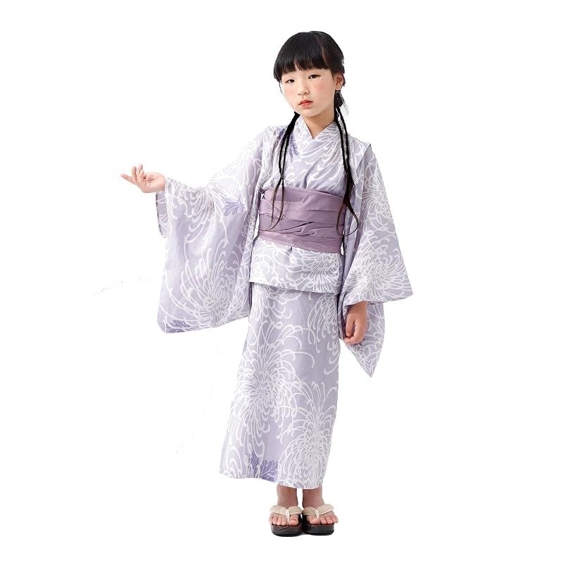 子ども 浴衣 セパレート 女の子 へこ帯 2点セット たゆたふ 簡単 2WAY キャミワンピ ワンピース セパレート浴衣 綿100 兵児帯 L(145cm) 糸菊柄 パープル