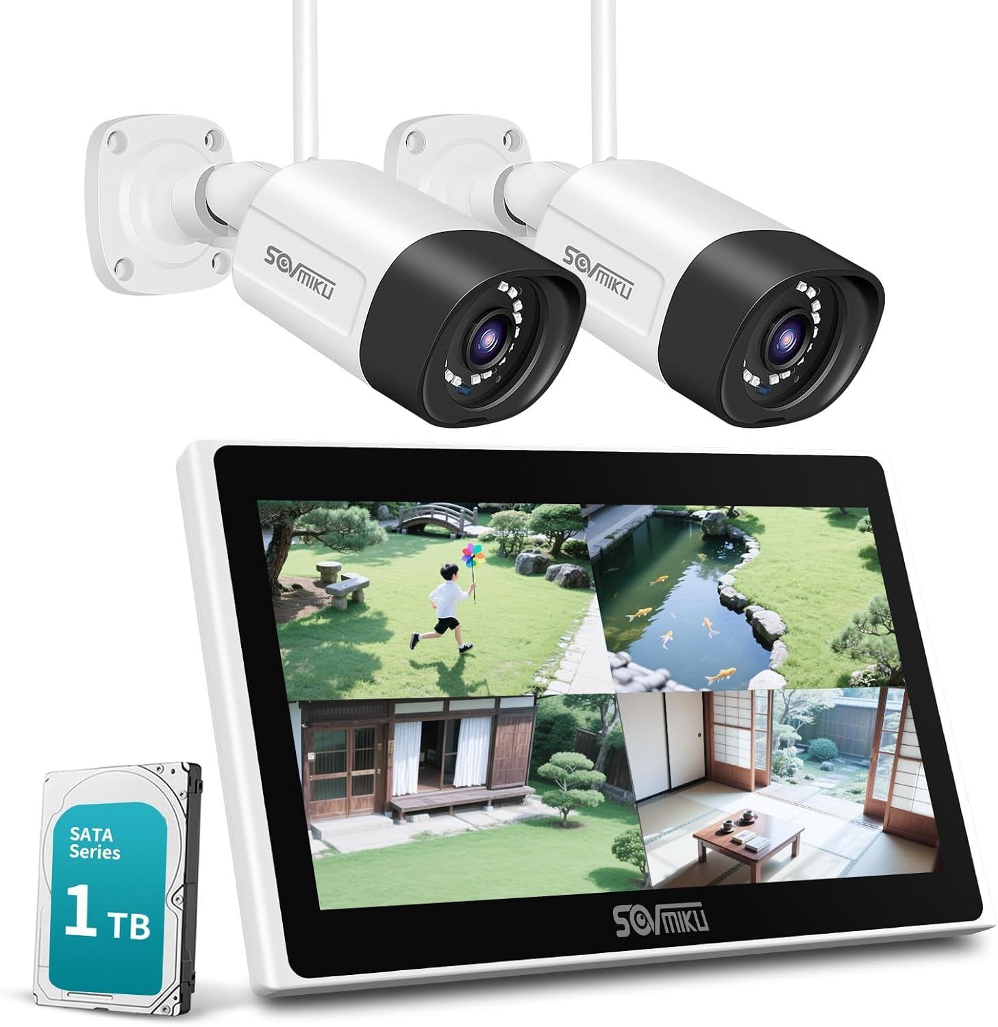 【双方向音声・1TB HDD内蔵 】 防犯カメラ ワイヤレスSovmiku 10インチ超 モニタ一体型NVR 1536P 500万画素ワイヤレスカメラ2台セット10チャンネルまで (500万画素カメラ2台＋10インチ超 モニタ一体型NVR+1TBHDD内蔵)