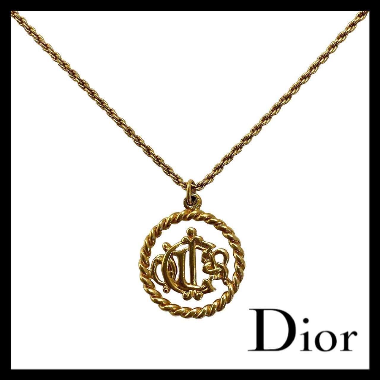 【Dior】旧ロゴ エンブレム ツイスト チェーン ネックレス ゴールド/金 カラー サークル ラウンド ペンダント ヴィンテージ Christian Dior/クリスチャンディオール (MM-793)