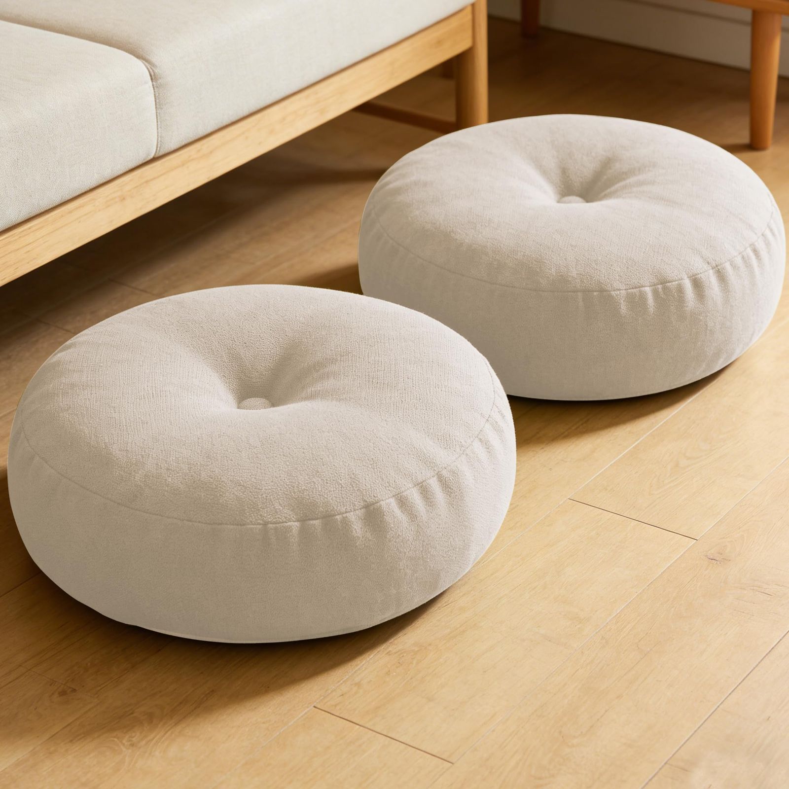 座布団 フロアクッション AYO 2個セット 円形 高反発 厚め 直径50cm チェアパッド 椅子クッション 床 オフィス 車用 和室 リネン風 通気性 リネン風 北欧 無地 北欧 シンプル おしゃれ(アイボリー 約50cm)ｍａ