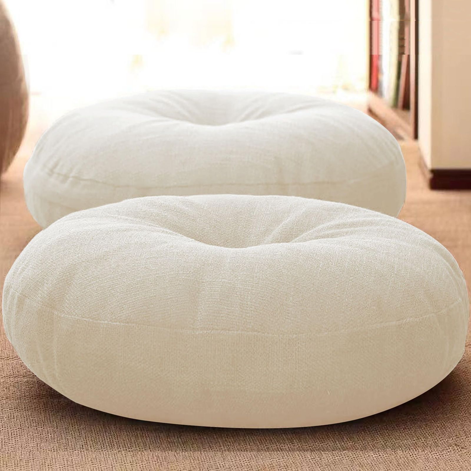 座布団 フロアクッション 2個セット 椅子クッション 円形 高反発 極厚 直径50cm 畳チェアパッド 床 オフィス 車用 和室 リネン風 通気性 リネン風 北欧 無地 北欧 シンプル おしゃれ(アイボリー 約50cm)ｍａ