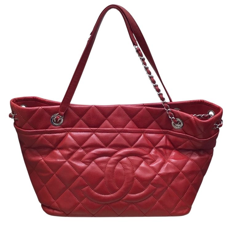 シャネル CHANEL ココマーク チェーントートバッグ 17番台 レッド シルバー金具 キャビアスキン レディース トートバッグ