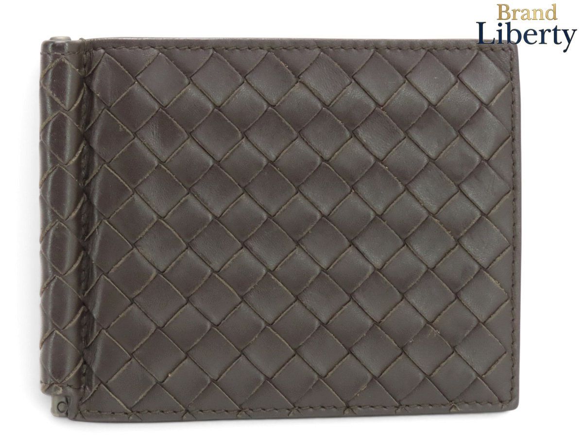 【外美品】ボッテガ ヴェネタ BOTTEGA VENETA イントレチャート VN ウォレット 二つ折り札入れ財布 マネークリップ付き コンパクト財布 カードケース エバノ ダークブラウン カーフレザー 123180