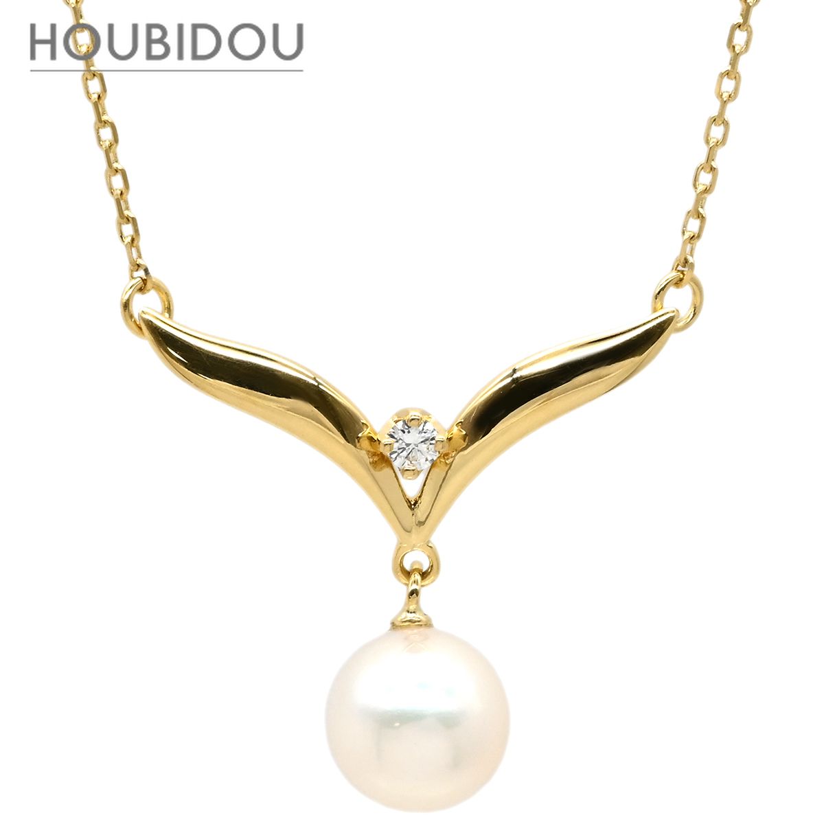 ミキモト MIKIMOTO ネックレス パール デザインネックレス パールホワイト×イエローゴールド MIKIMOTO 真珠 18K 18金 Au750 1Pダイヤ V字 スウィング 【中古】