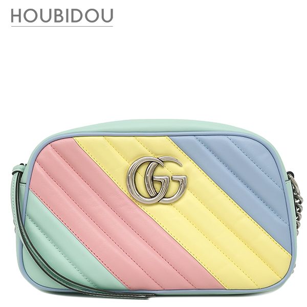 グッチ GUCCI ショルダーバッグ GGマーモント チェーンショルダー レザー グリーン シルバー金具 レインボー 447632【中古】