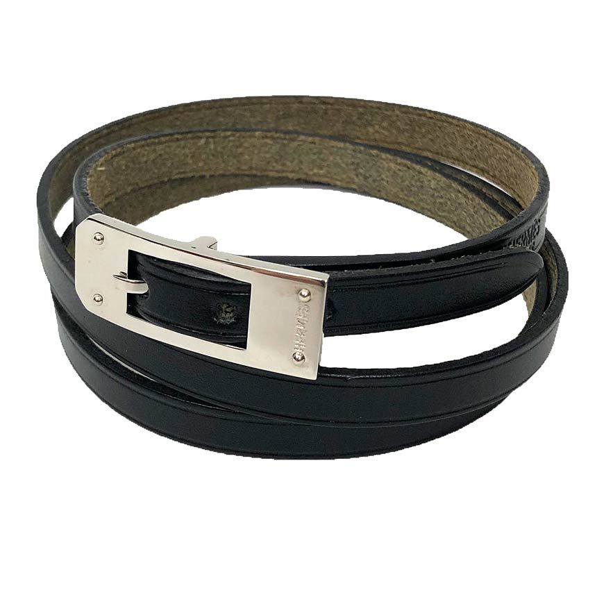 エルメス HERMES レザー ブレスレット チョーカー ケリー アルディオン ブラック シルバー金具 □H刻印 美品 aq13044