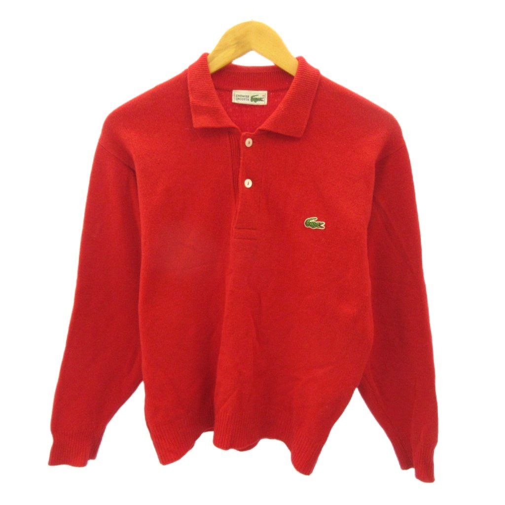 ラコステ LACOSTE ヴィンテージ 80s chemise ニット セーター ハーフボタン ワニ ロゴ 刺繍 ウール 長袖 3 赤 レッド 0626