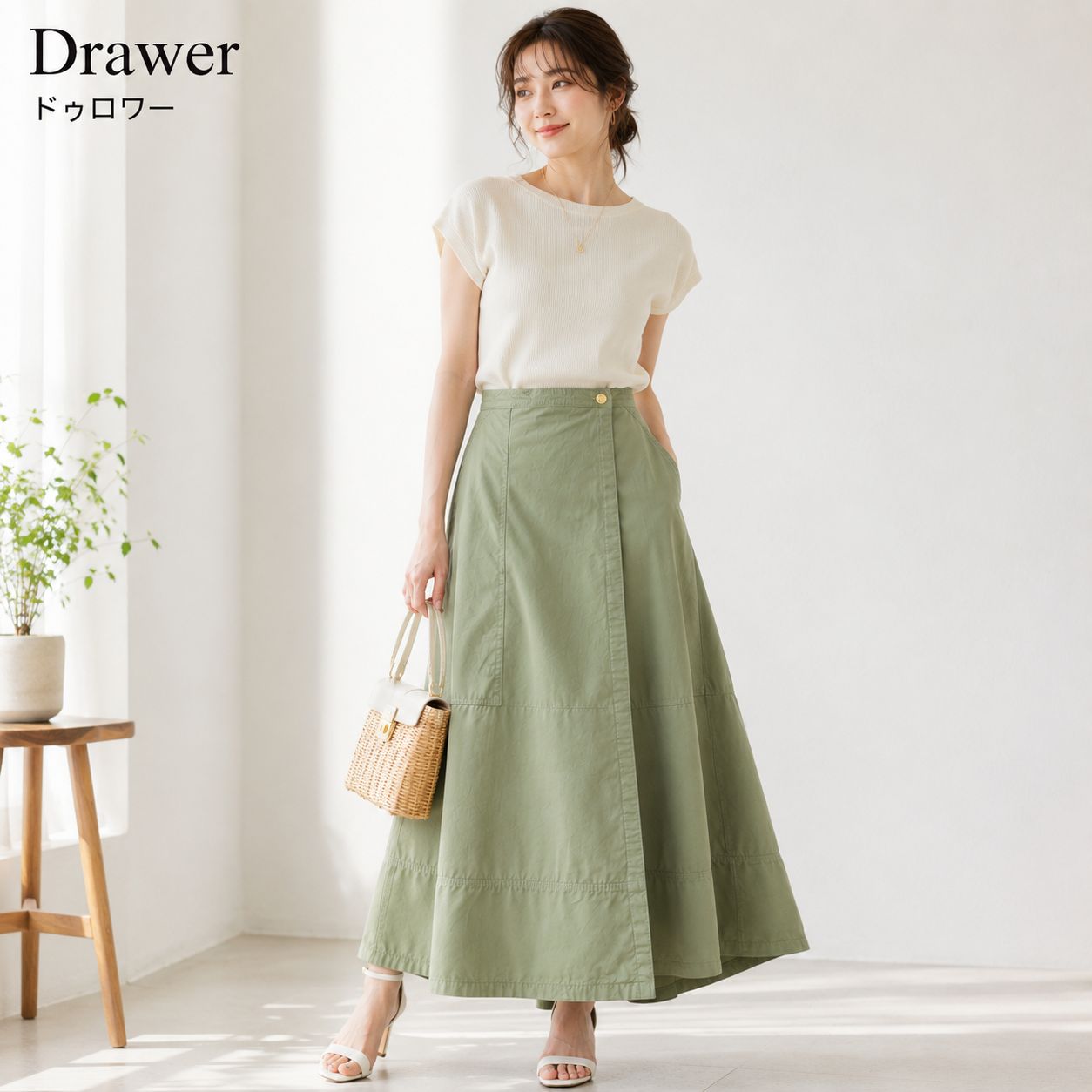 完売名作【未使用に近い / 絶妙なヴィンテージライクな表情 】Drawer / ドゥロワー サーフバイオ Aライン スカート 36 「Sサイズ（7号〜細身9号相当）」オリーブ 【クリーニング済】 お食事会 お出かけ デイリーコーデ