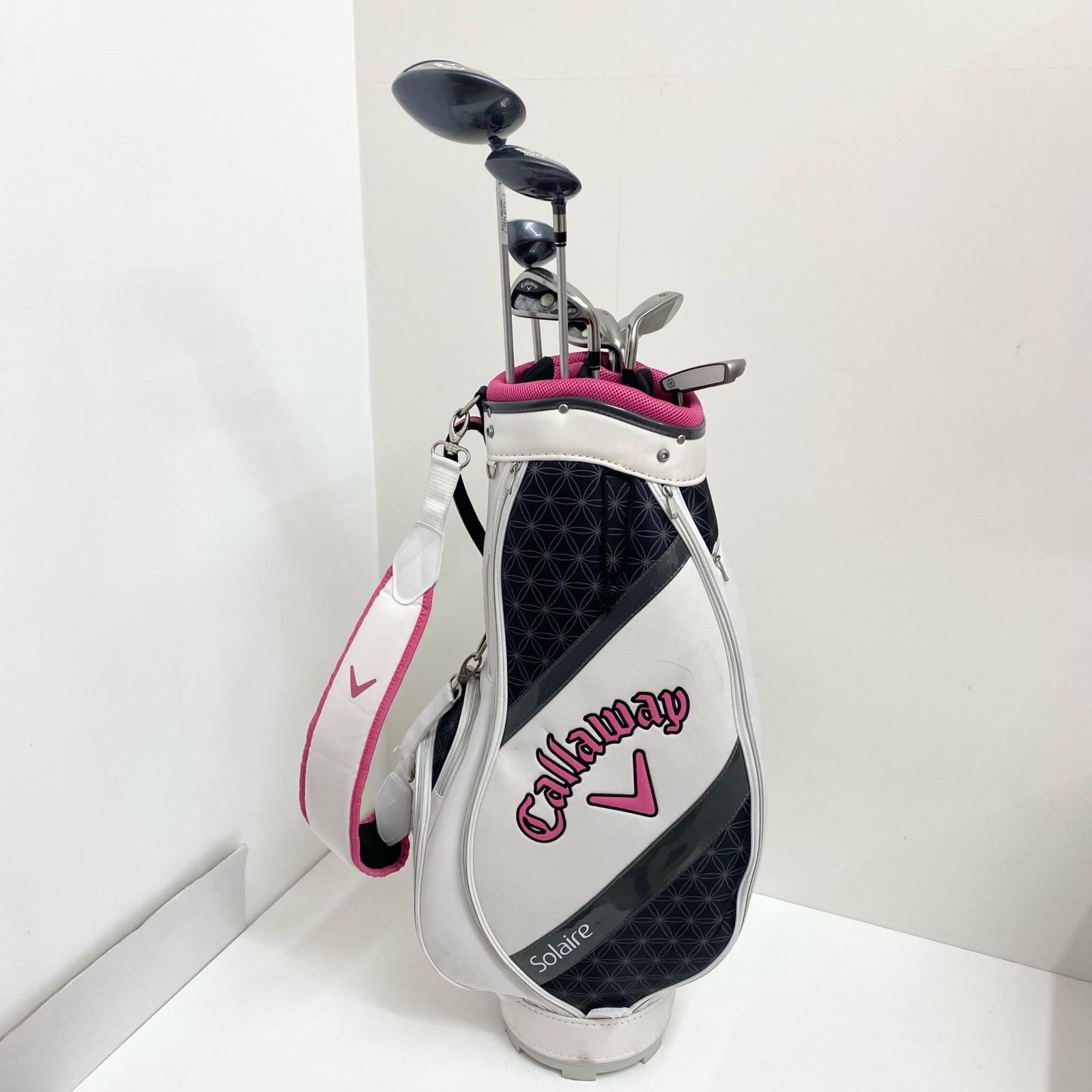 【加古川店】 中古 Callaway | キャロウェイ キャディバッグ SOLAIRE(2018) キャディバッグ＋クラブ8本ｾｯﾄ 1W(凹み).5W.6HY.7.9.P.S.Pt フレックスL フード・ヘッドカバー付属 【427】