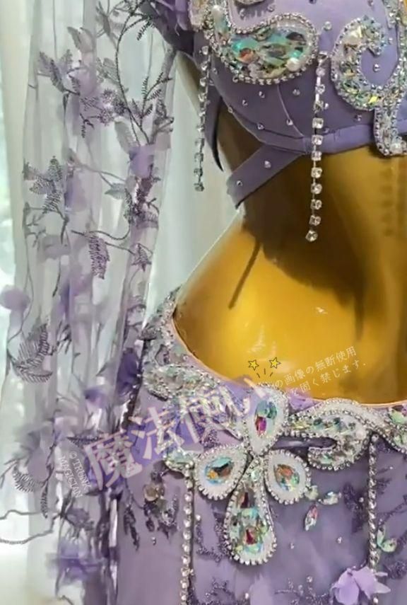 ベリーダンス衣装 トップスブラ スカート 花柄刺繍 パープル オーダー