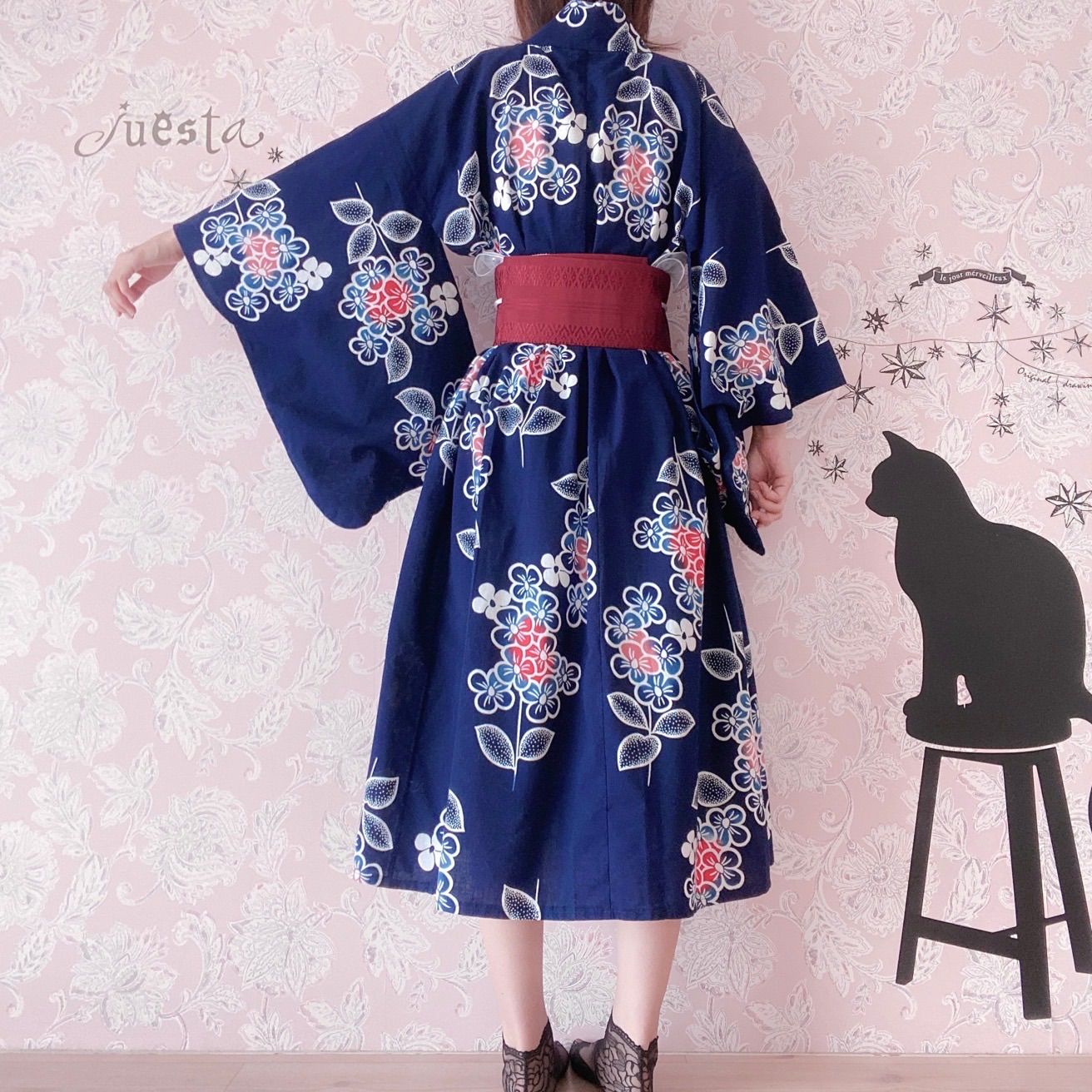 浴衣リメイクワンピース　紫陽花柄　3点セット