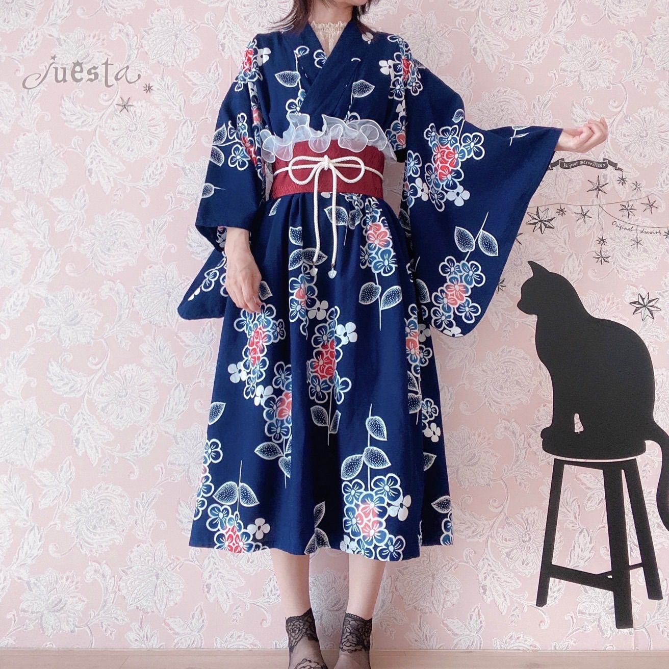 浴衣リメイクワンピース　紫陽花柄　3点セット