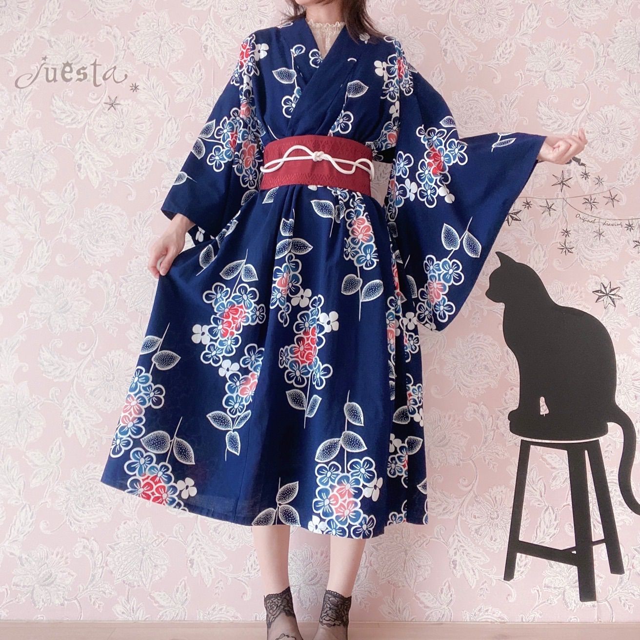 浴衣リメイクワンピース　紫陽花柄　3点セット