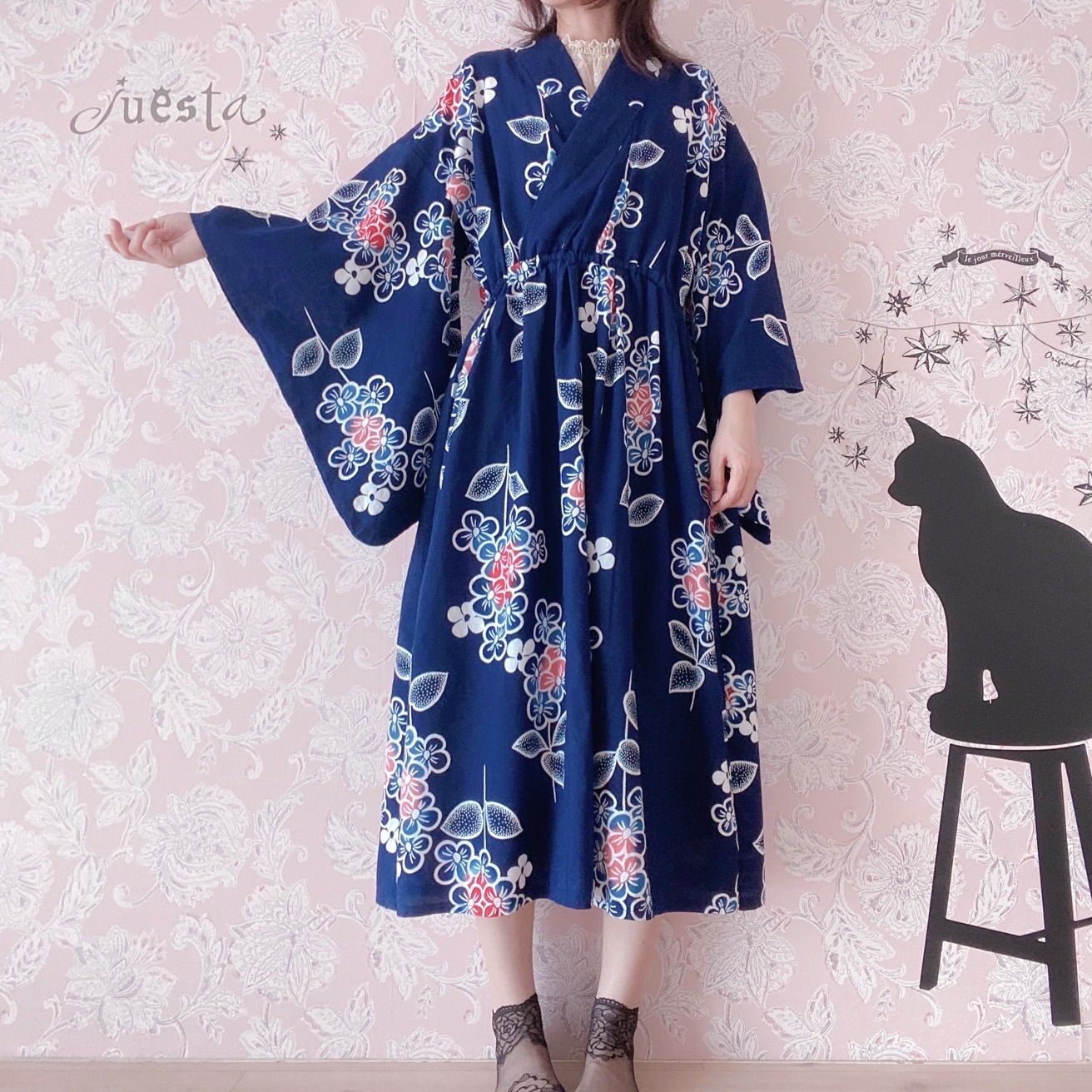 浴衣リメイクワンピース　紫陽花柄　3点セット