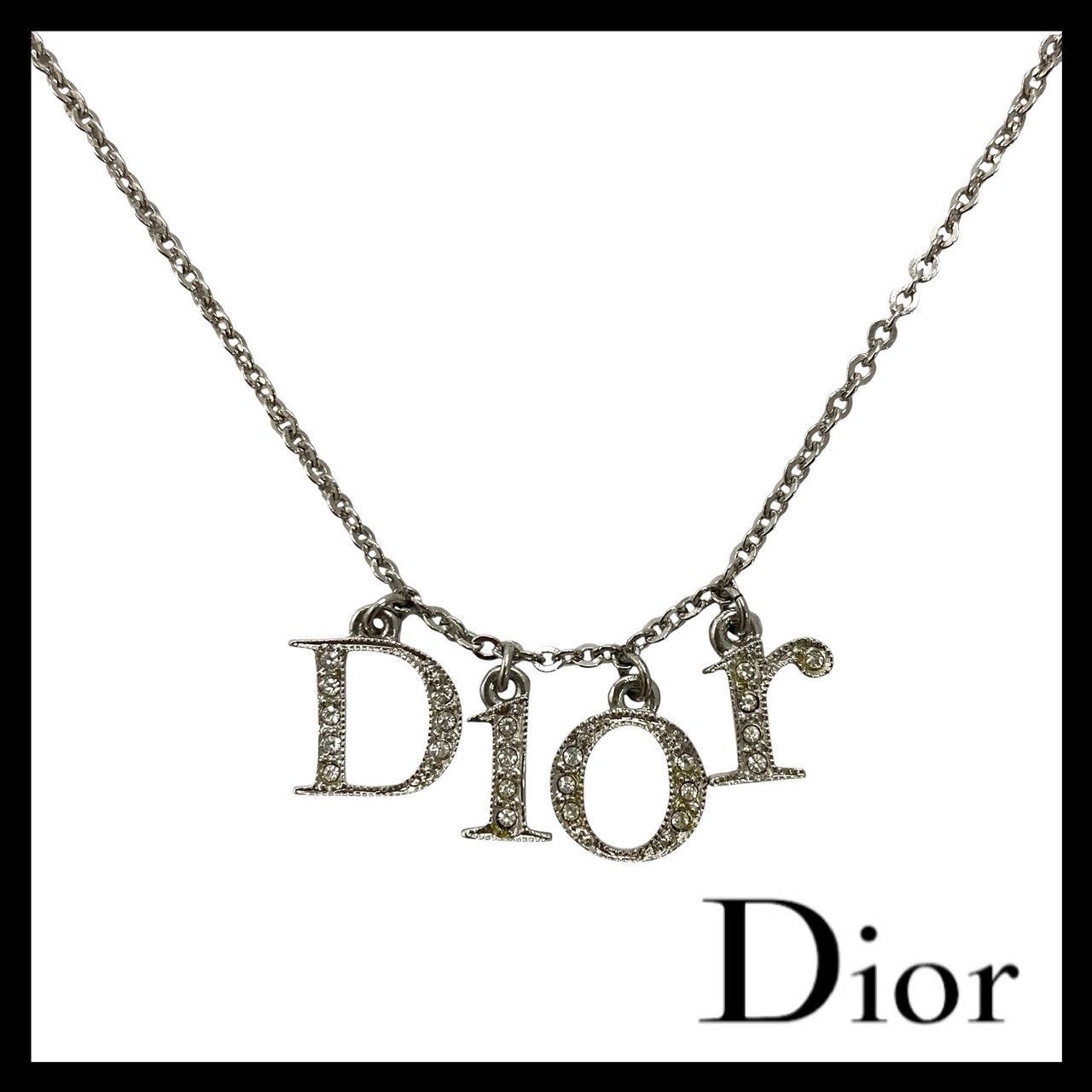 【Dior】ロゴ 4連 チャーム ラインストーン ネックレス シルバー カラー ペンダント ヴィンテージ Christian Dior/クリスチャンディオール (MM-796)