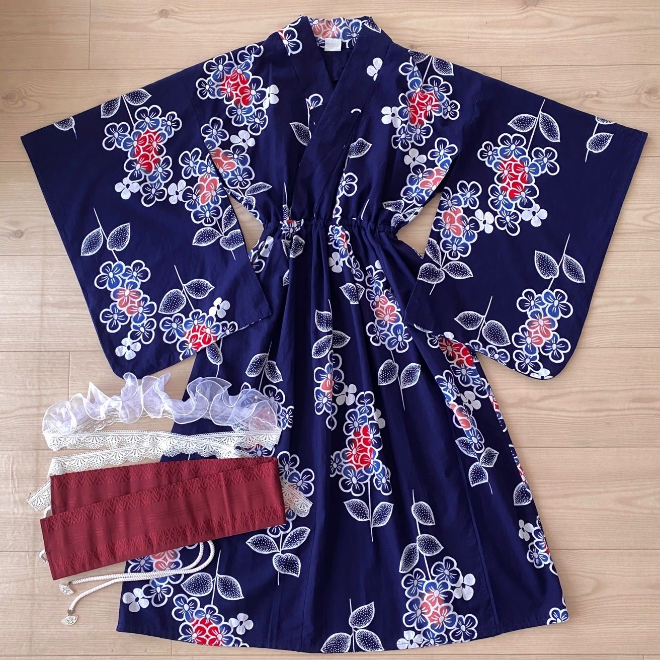 浴衣リメイクワンピース　紫陽花柄　3点セット