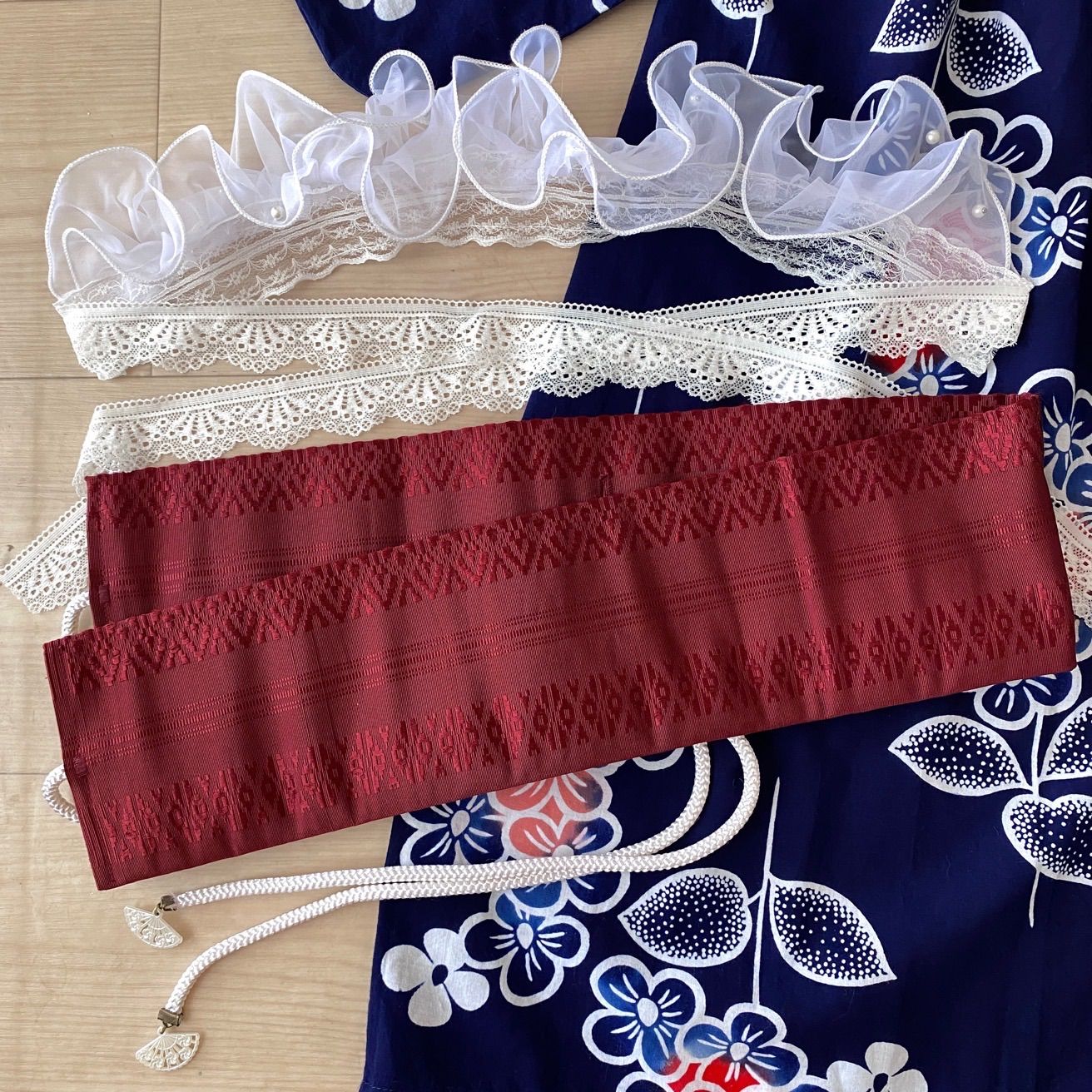 浴衣リメイクワンピース　紫陽花柄　3点セット