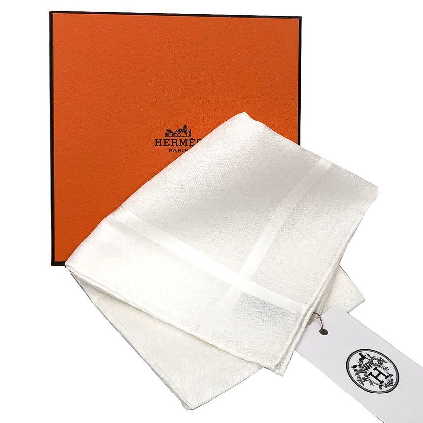 新品 HERMES エルメス ハンカチ ジャカード H コットン カレ 男女兼用 ユニセックス ポケットチーフ ネッカチーフ コットン100％ 白 aq13052