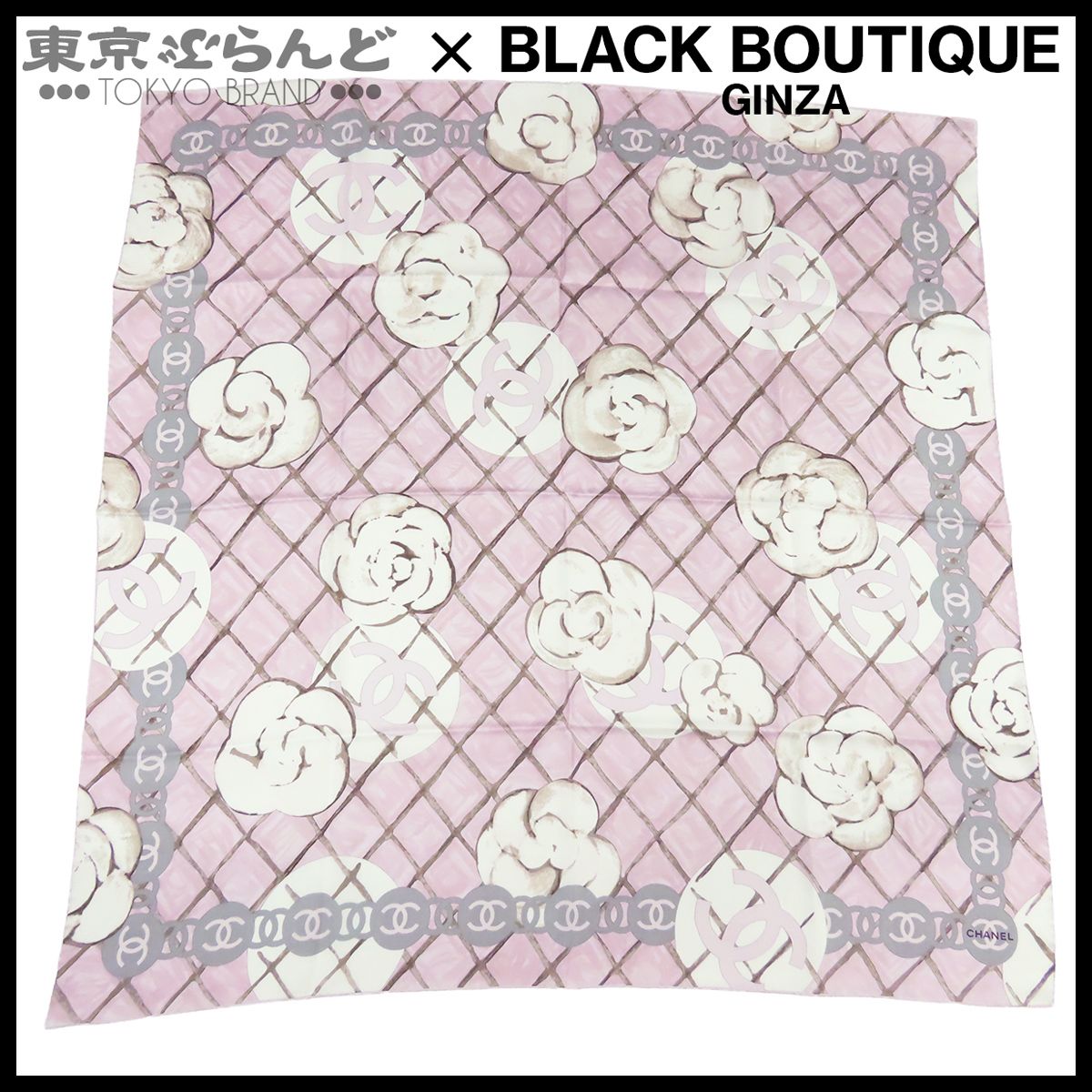 シャネル CHANEL スカーフ ピンクxホワイト シルク カメリア 花 ココ