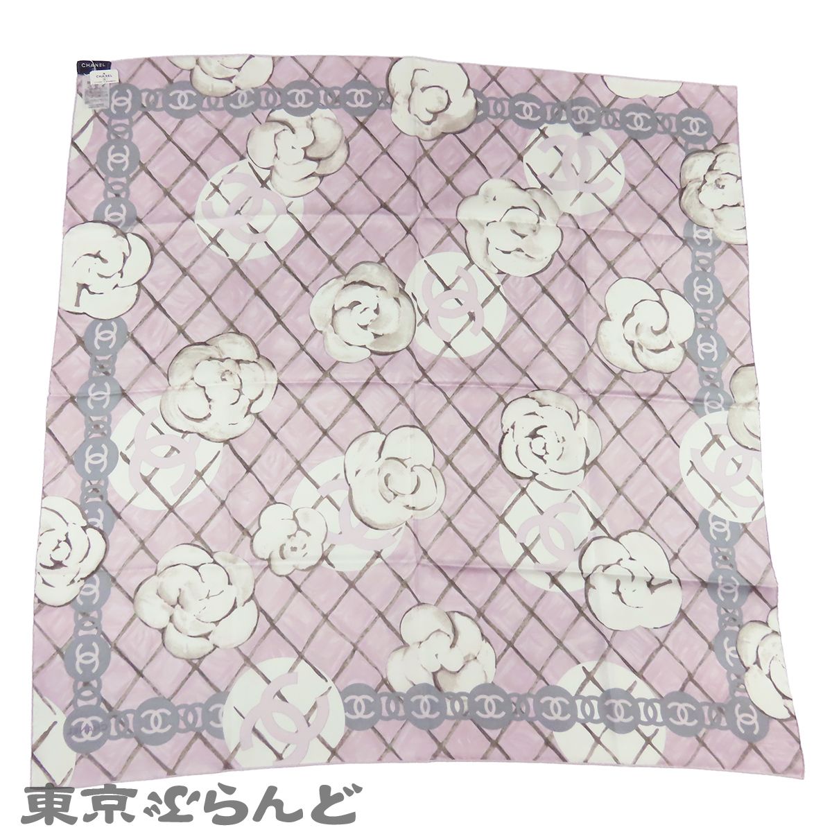 シャネル CHANEL スカーフ ピンクxホワイト シルク カメリア 花 ココ